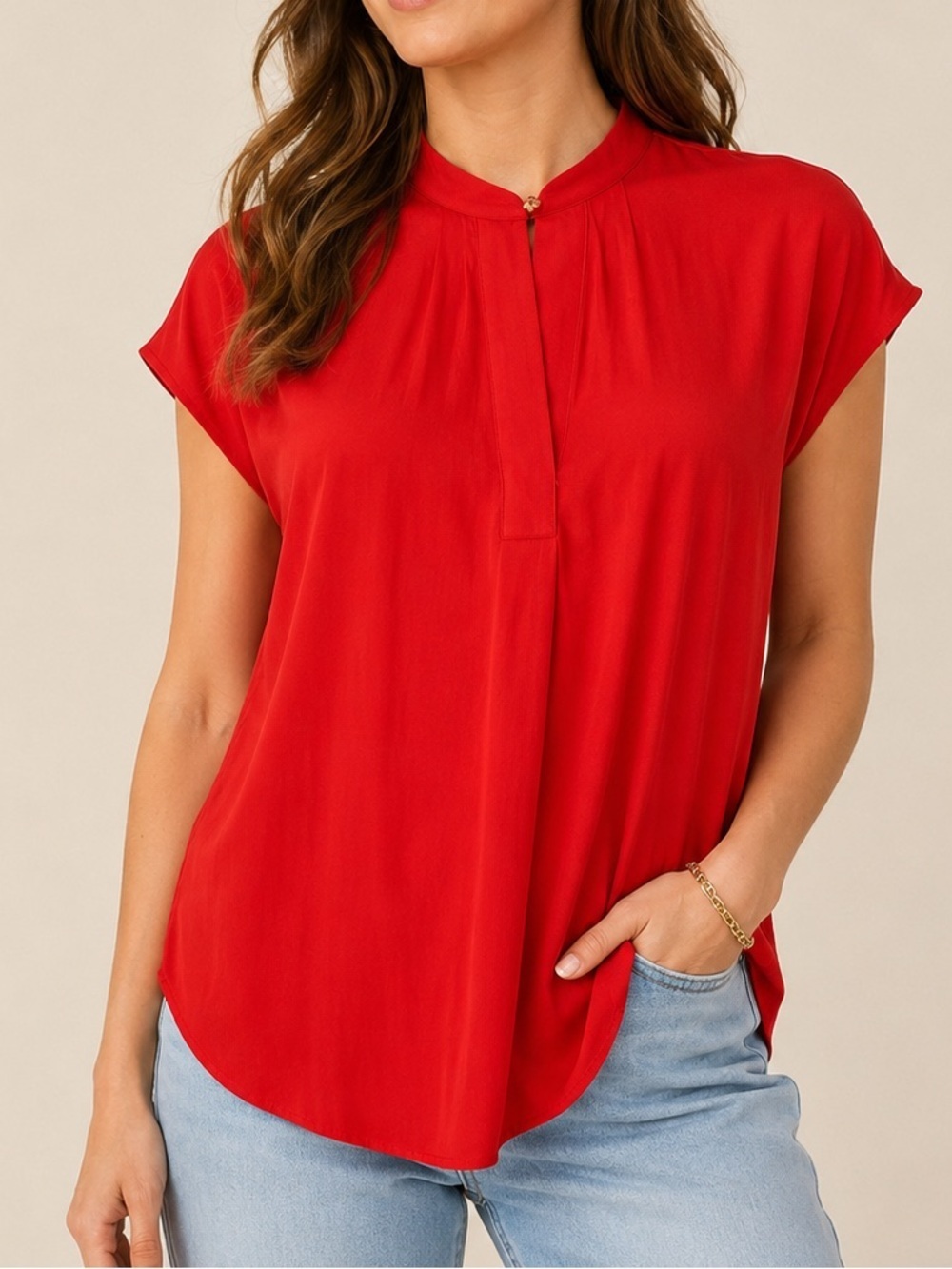 Rachel Roy Red Blouse | Minimalist Mandarin Collar Top | Size S